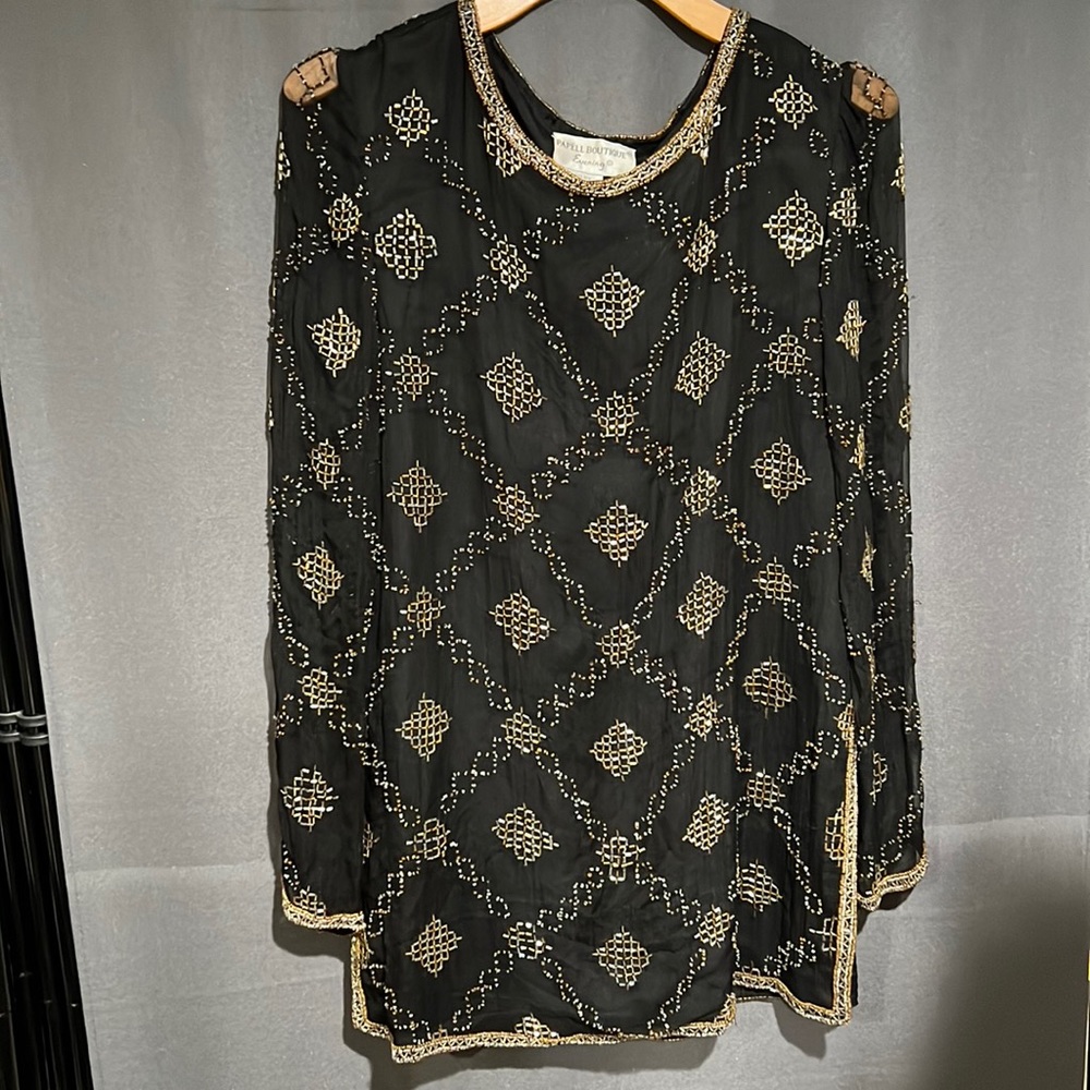 Gorgeous Papéll Boutique Evening tunic with silver + gold beads, sheer sleeves